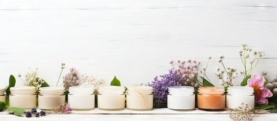 Aufkleber - Herbal flowers on a white wooden table accompany cosmetic product samples