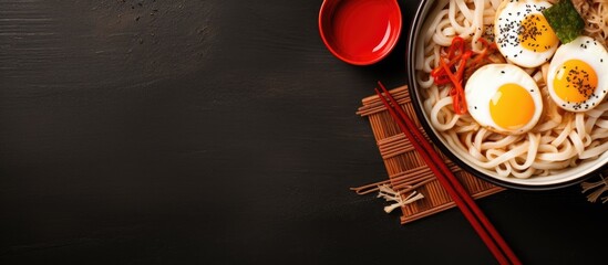 Aufkleber - Japanese udon and egg cuisine served with chopsticks and blank area for writing