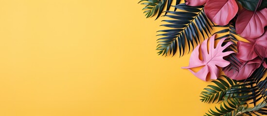 Aufkleber - Minimal summer exotic concept with colorful tropical leaves on a monochromatic background ideal for inserting text