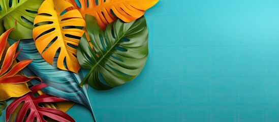Aufkleber - Minimal summer exotic concept with colorful tropical leaves on a monochromatic background ideal for inserting text