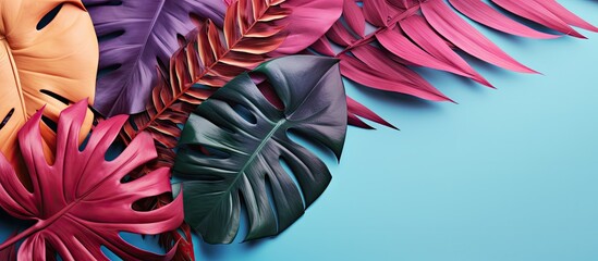 Aufkleber - Minimal summer exotic concept with colorful tropical leaves on a monochromatic background ideal for inserting text