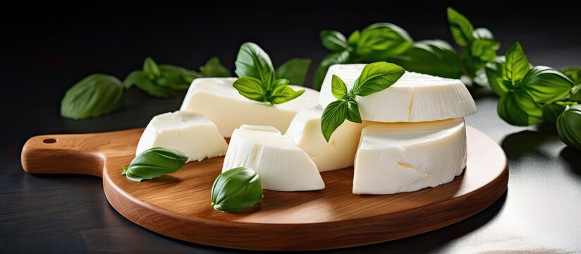 Mozzarella cheese slices with basil on a board perfect for menus and posters