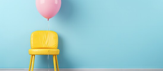 Poster - Pastel blue balloon with a yellow chair against a pink background designed creatively for a festive birthday or Christmas celebration Minimalistic party concept
