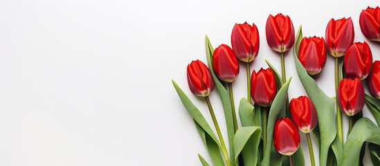 Poster - Red tulips on white background perfect for flower shops with space for text