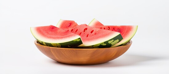 Leinwandbilder - Ripe watermelon slices on a wooden bowl with copy space isolated on white