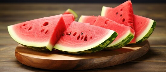 Leinwandbilder - Ripe watermelon slices on a wooden bowl with copy space isolated on white