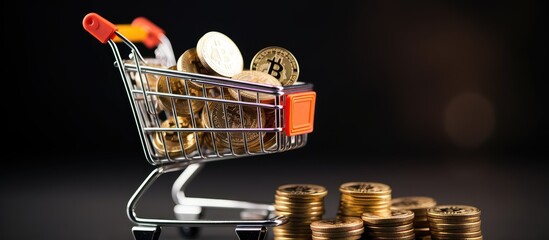 Poster - Shopping concept with mini shopping carts trolley virtual money cryptocurrency and blockchain technology