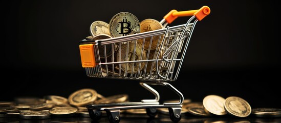 Poster - Shopping concept with mini shopping carts trolley virtual money cryptocurrency and blockchain technology
