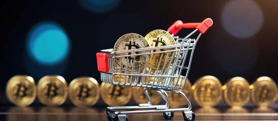 Poster - Shopping concept with mini shopping carts trolley virtual money cryptocurrency and blockchain technology