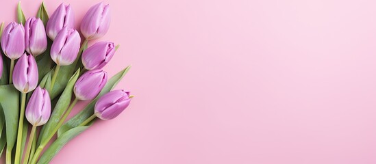 Wall Mural - Spring bouquet of purple tulips on a top view pink background