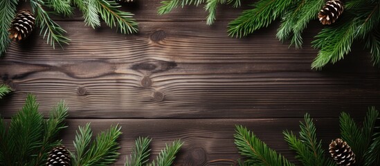 Poster - Spruce branches framing a wooden background