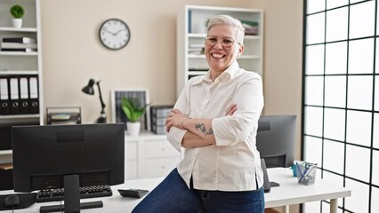 Wall Mural - Middle age grey-haired woman business worker smiling confident sitting with arms crossed gesture at office