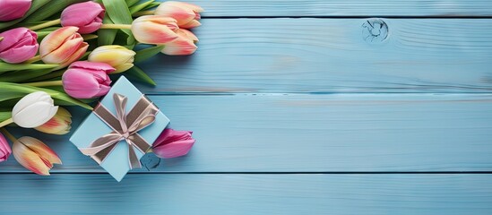 Poster - Top down view of tulips and small crafts on blue wooden surface Spring backdrop holiday card flat lay