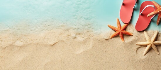 Poster - Top view mock up of beach accessories including flip flops and starfish on a colored background with space for text