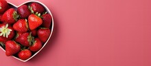 Top View Of Fresh Strawberries In A Heart Shaped Bowl On A Purple Background With Space For Text Valentine S Day Banner