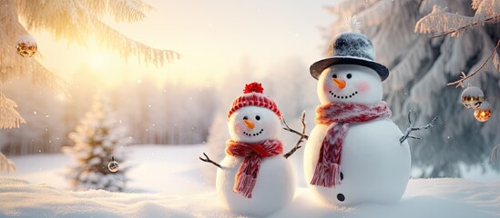 Aufkleber - Two happy snowmen in a Christmas winter scene