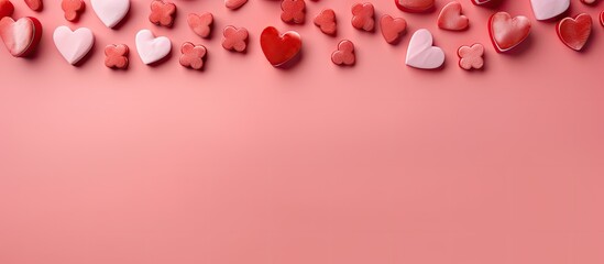 Poster - Valentine s Day design Red hearts on pink background Flat lay copy space