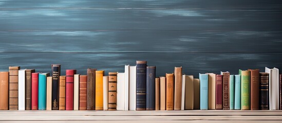 Poster - Various hardcover books on wooden table closeup Text space available