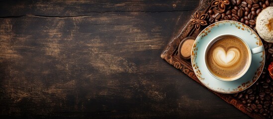 Wall Mural - Various items on wooden surface above hot coffee from above