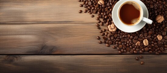 Poster - Various items on wooden surface above hot coffee from above
