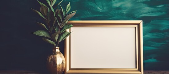 Leinwandbilder - Vintage gold frame and green plant in retro interior Space for text