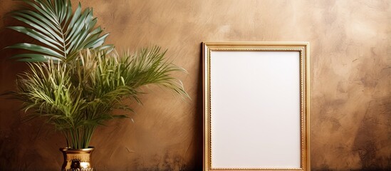 Leinwandbilder - Vintage gold frame and green plant in retro interior Space for text