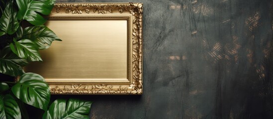 Leinwandbilder - Vintage gold frame and green plant in retro interior Space for text