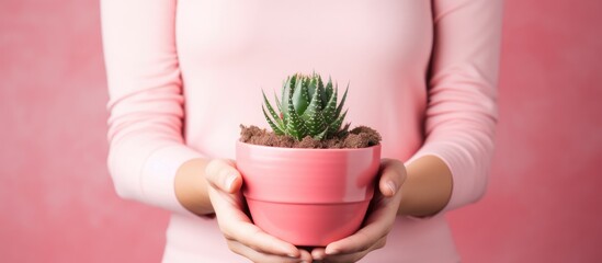 Leinwandbilder - Woman with small cactus in pink pot isolated on natural background