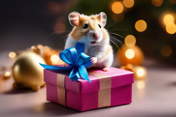 Wall Mural - Cute hamster with a gift in its paws, greeting card
