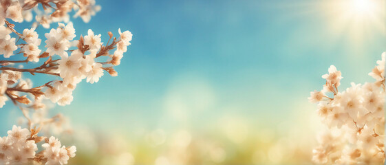 Wall Mural - A fresh spring blue sunny sky background with blurred warm sunny glow.