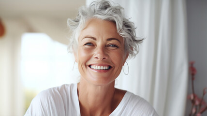 Poster - happy woman smiling while standing on gray background