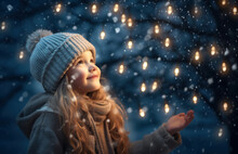 Little Girl With Christmas Lights Enjoying The Holidays Outdoors In Snowfall. Happy Cute Child Girl Playing With Chistmas Festive Magic Lights. Digital Ai
