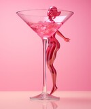 Fototapeta  - a woman standing in a martini glass with pink liquid pouring from the top to the bottom, on a pink background
