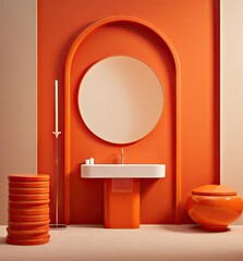 an orange bathroom with a sink and mirror on the wall next to it is a stack of stacked stools