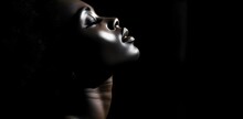 Portrait, Black Woman's Face On A Black Background, Close-up, Fashion Photography, Black And White Effect, Cosmetics
