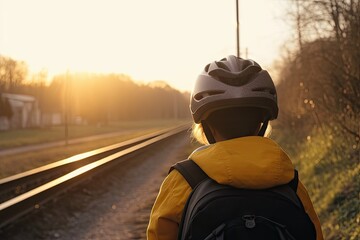 Wall Mural - a person wearing a helmet and riding a bike on the train tracks at sunset time, with trees in the background