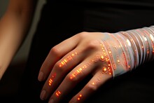 A Woman's Hand With Glowing Red Lights On It And Her Fingers In The Shape Of An Armband