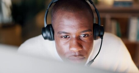 Aufkleber - Man, call center and analysis on computer in technical support, ecommerce solution or night research. African person, agent or IT consultant of information technology, web or software problem solving