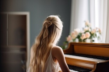Wall Mural - a woman sitting at a piano looking out the window with her long blonde hair blowing in half up to the side