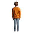 © Sona - A 9 year old boy wearing jeans and an orange sweater seen from the back standing upright on a transparent background