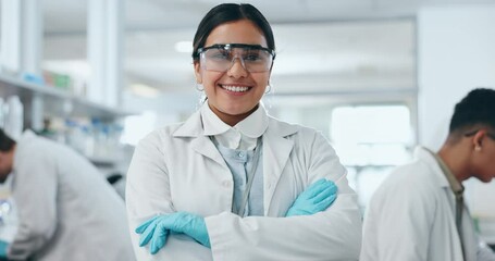 Sticker - Science, arms crossed and medical with woman in laboratory for smile, pharmacy and vaccine research. Future, medicine and healthcare with portrait of person for chemistry, professional and confidence