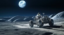 An Astronaut Driving  A Lunar Rover Vehicle On The Moon Surface In The Space. Earth Planet Seen In The Background. Futuristic Autopilot Robot Technology. Pc Desktop Wallpaper Background. Generative AI