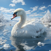  A Tiny Elegant Swan Swimming In A Vast White Lake 
