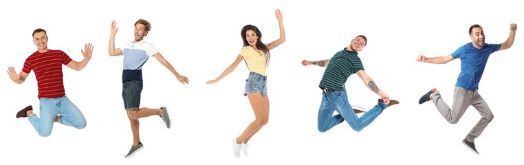 Wall Mural - People jumping on white background, collage with photos