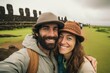 © Anne Schaum - Couple in their 30s smiling at the Moai Statues of Easter Island Chile