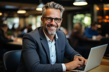 Wall Mural - Happy busy middle aged business man ceo wearing suit sitting at desk in office using laptop. Generative Ai.