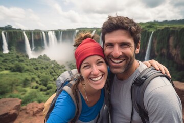 Couple in their 30s smiling at the Iguazu Falls Argentina-Brazil Border