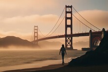 Woman Silhouette Walking Far At The Golden Gate Bridge In San Francisco USA