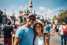 Couple In Their 30s Smiling At The Disneyland In California USA
