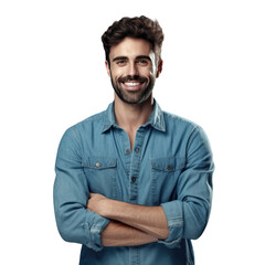 Wall Mural - Attractive man in denim shirt smiling and with arms crossed isolated on transparent background